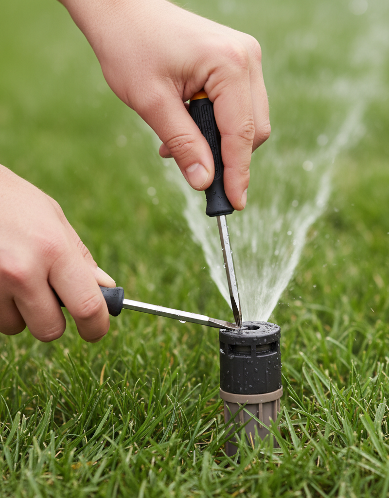 Homeowner adjusting a pop-up rotor sprinkler head with a flathead screwdriver in a green lawn.