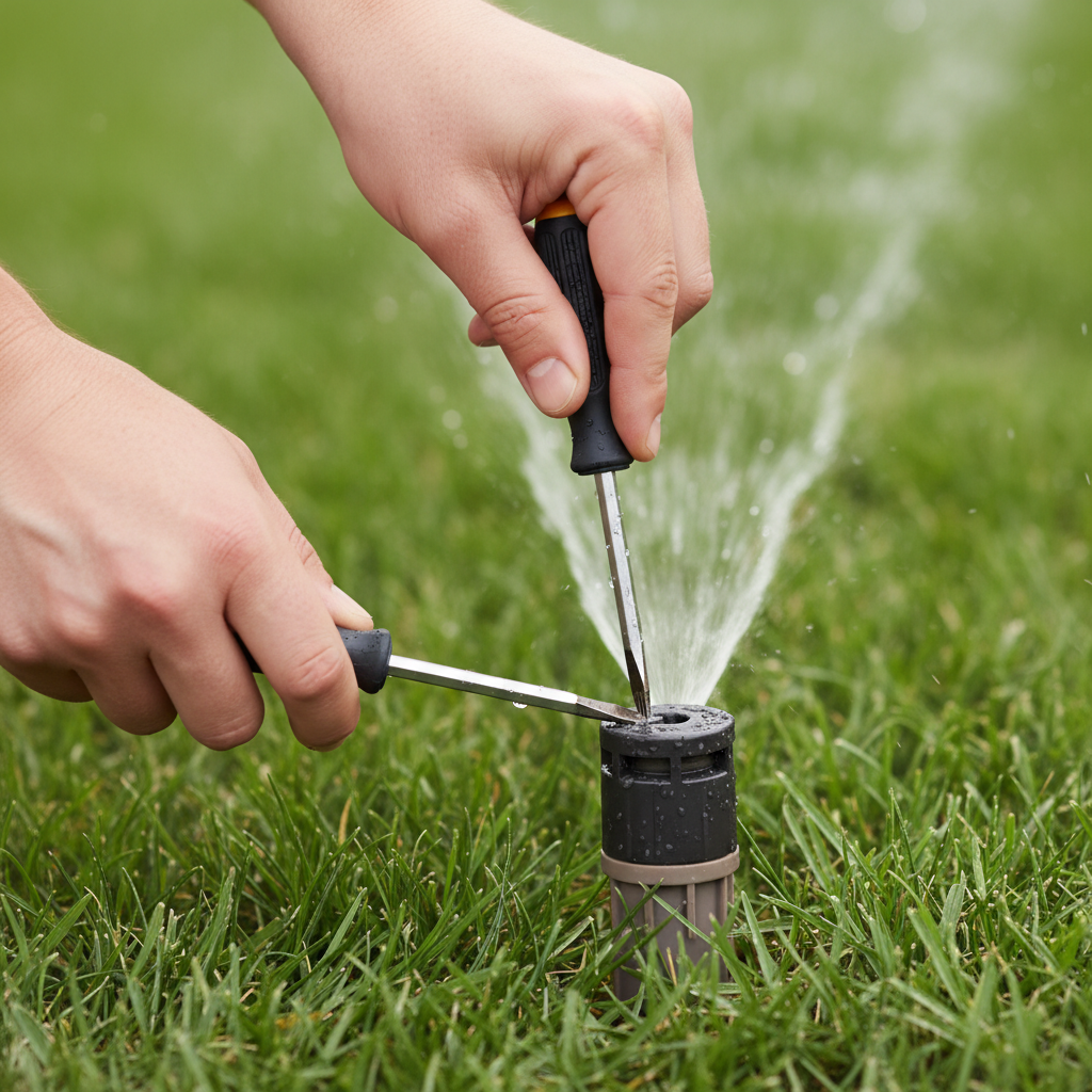Homeowner adjusting a pop-up rotor sprinkler head with a flathead screwdriver in a green lawn.