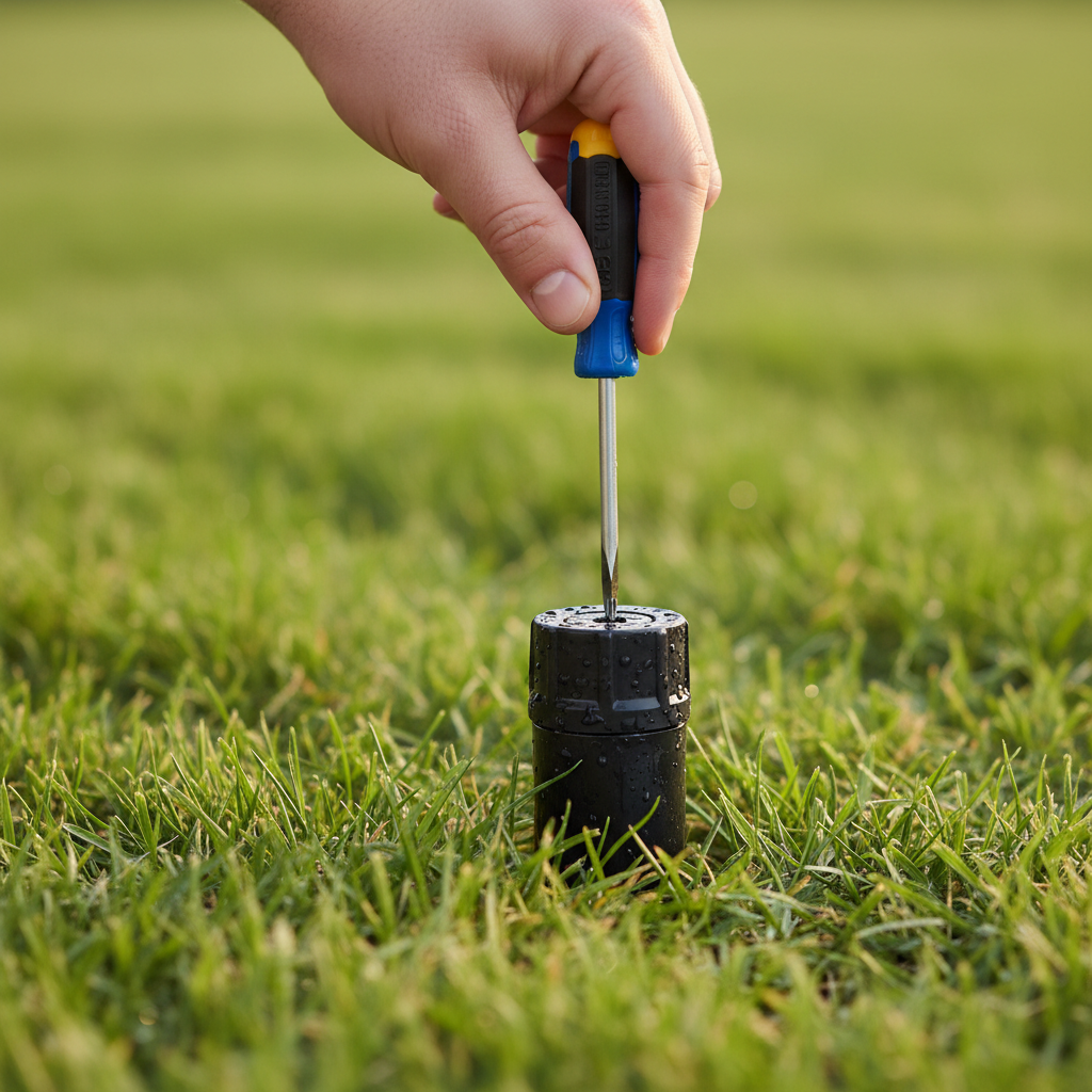 Hand using a screwdriver to adjust a pop-up sprinkler head's spray pattern in a green lawn.