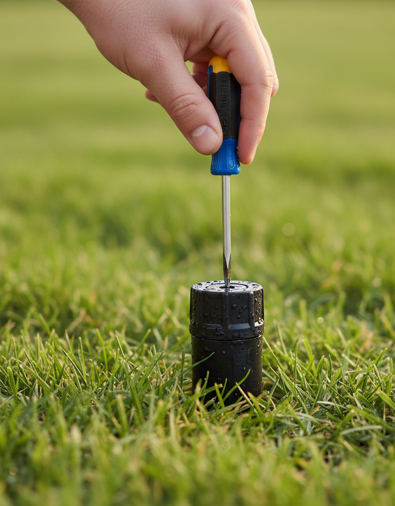 Hand using a screwdriver to adjust a pop-up sprinkler head's spray pattern in a green lawn.