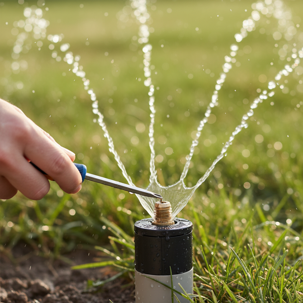 Hand adjusting a sprinkler head with a screwdriver on a green lawn.