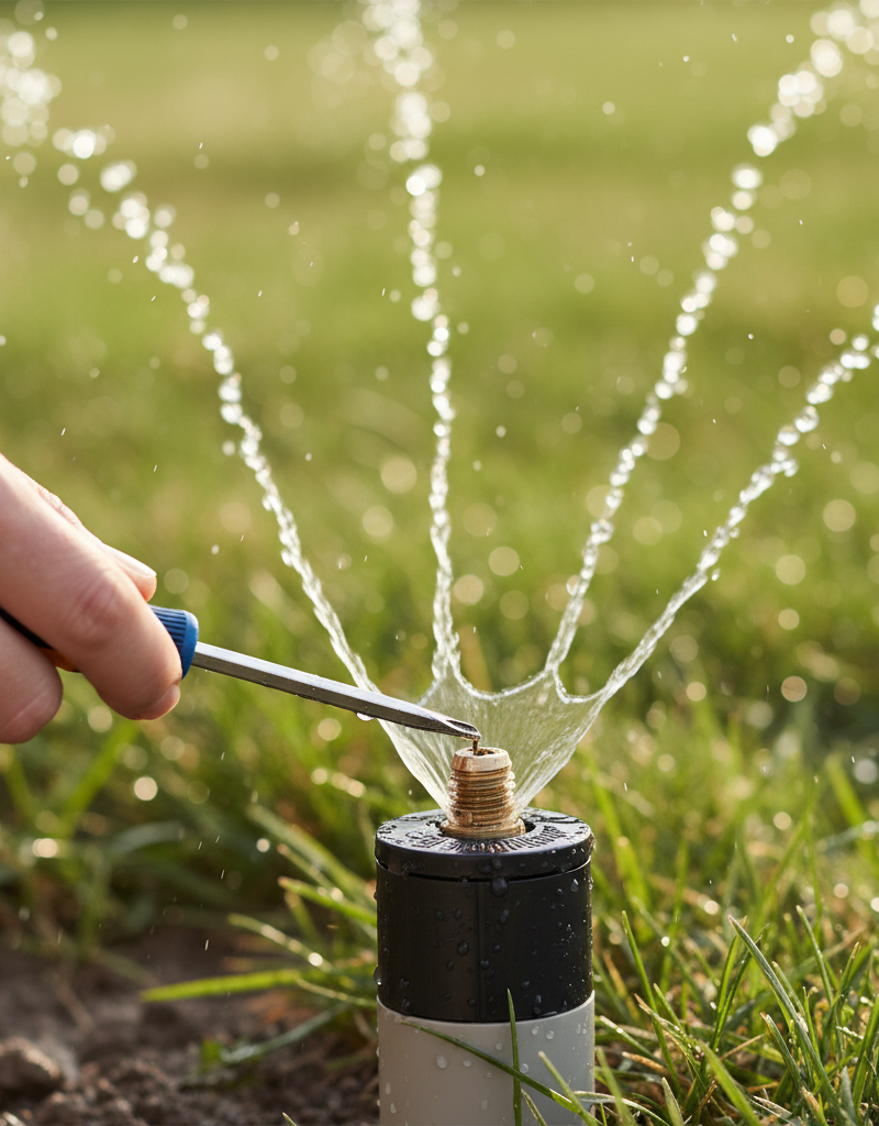 Hand adjusting a sprinkler head with a screwdriver on a green lawn.