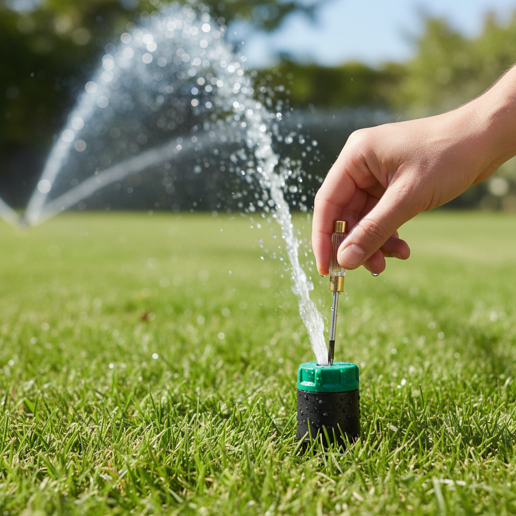 Hand adjusting a rotor sprinkler head with a screwdriver, water spraying in a lawn.
