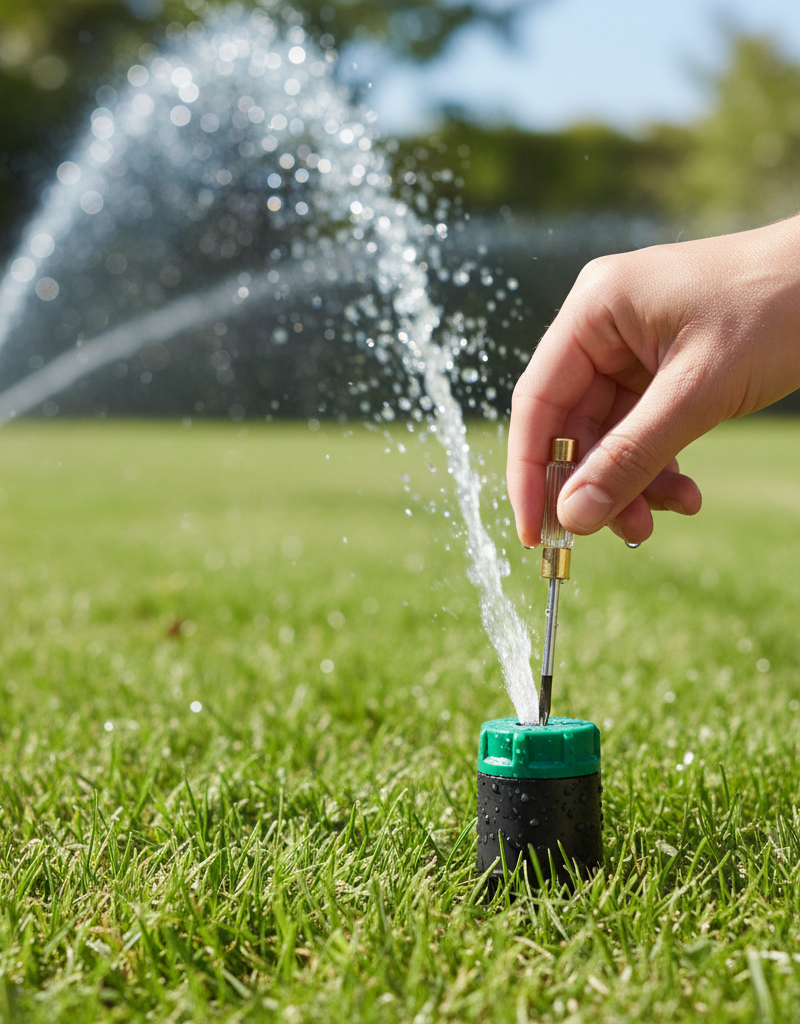 Hand adjusting a rotor sprinkler head with a screwdriver, water spraying in a lawn.