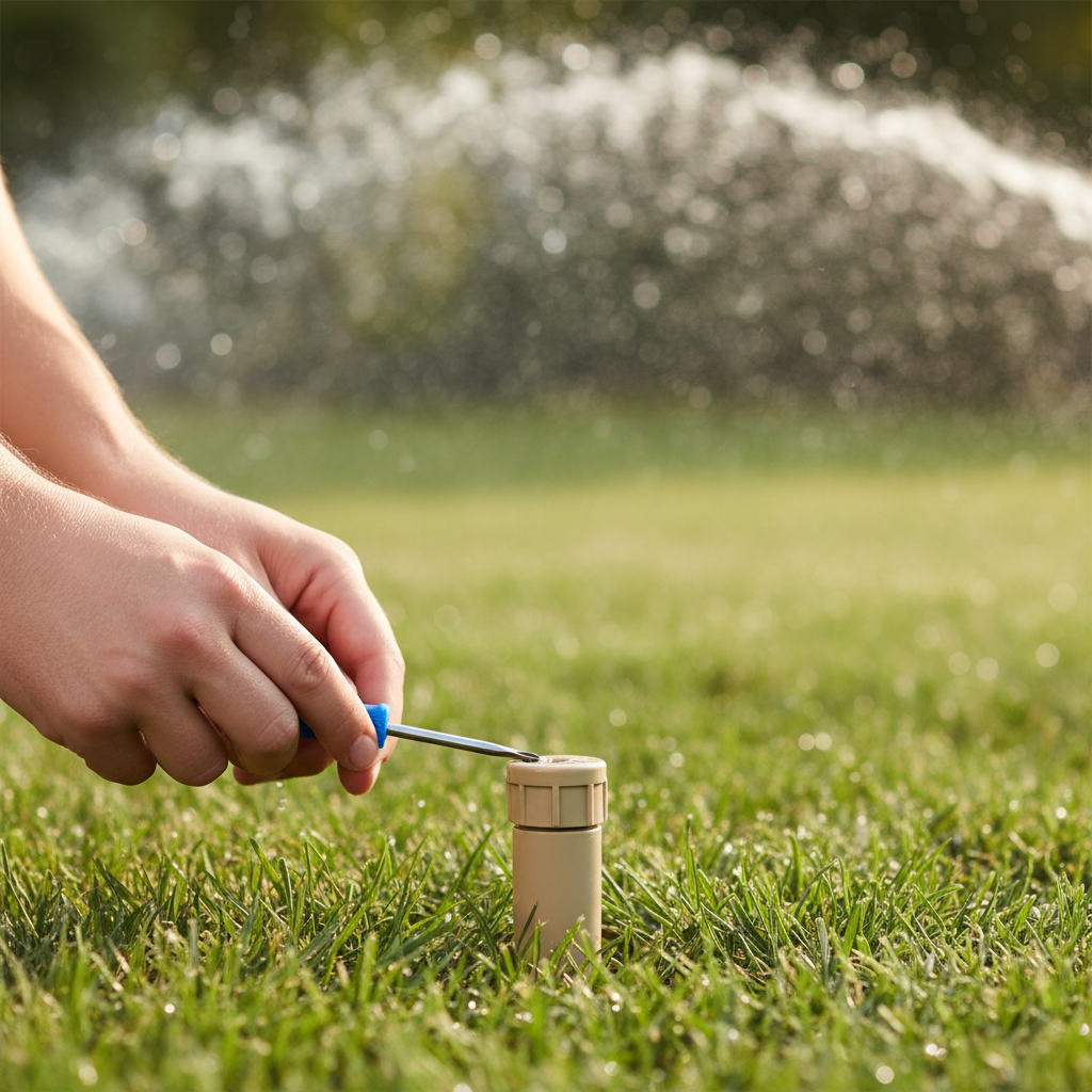 Homeowner adjusting a pop-up sprinkler head with a screwdriver, water spraying.