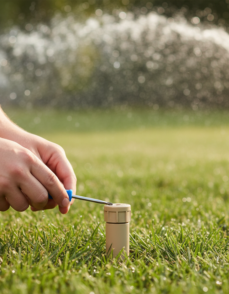 Homeowner adjusting a pop-up sprinkler head with a screwdriver, water spraying.