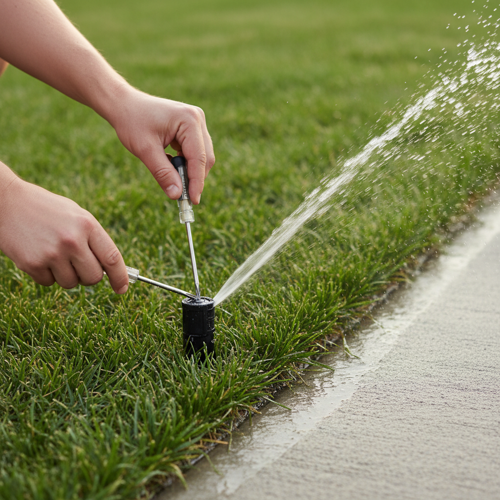 Homeowner adjusting a pop-up sprinkler head with a screwdriver, fine-tuning the water spray pattern over a green lawn and concrete driveway.