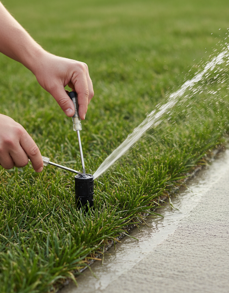 Homeowner adjusting a pop-up sprinkler head with a screwdriver, fine-tuning the water spray pattern over a green lawn and concrete driveway.