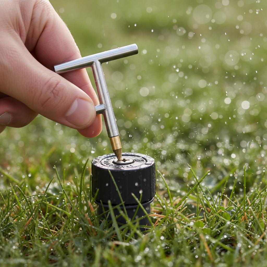 Homeowner adjusting a pop-up sprinkler head's spray pattern with a specialized tool in a green lawn.