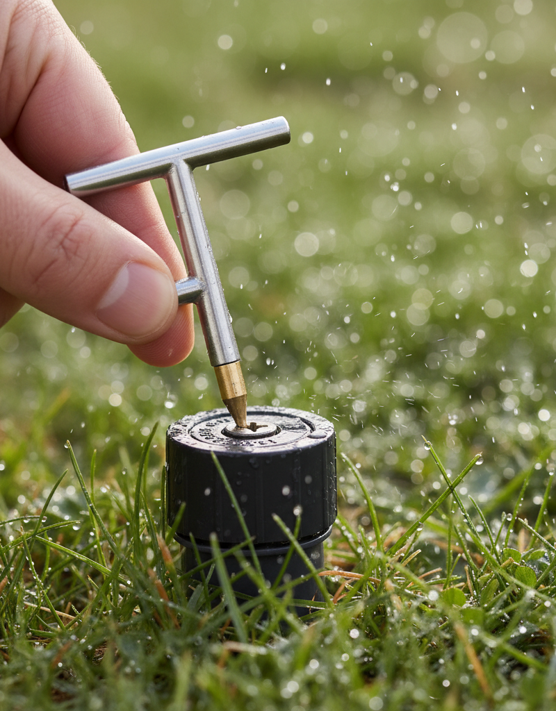 Homeowner adjusting a pop-up sprinkler head's spray pattern with a specialized tool in a green lawn.