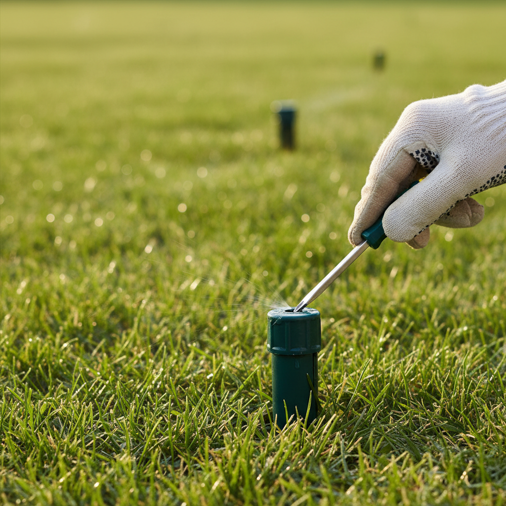 Hand adjusting a pop-up sprinkler head to change its spray pattern on a green lawn