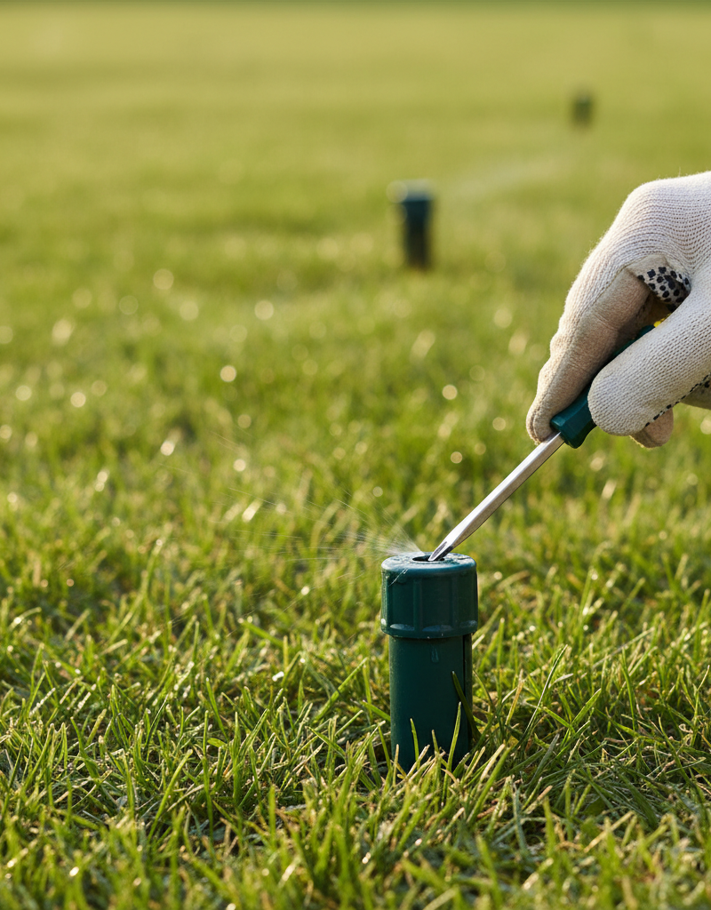 Hand adjusting a pop-up sprinkler head to change its spray pattern on a green lawn