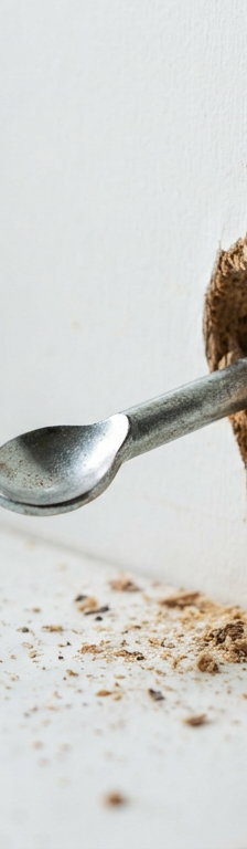 A close-up of a failing shelf support pin falling out of a worn-out hole in a white bookcase.
