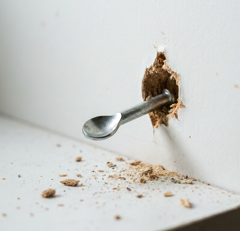 A close-up of a failing shelf support pin falling out of a worn-out hole in a white bookcase.