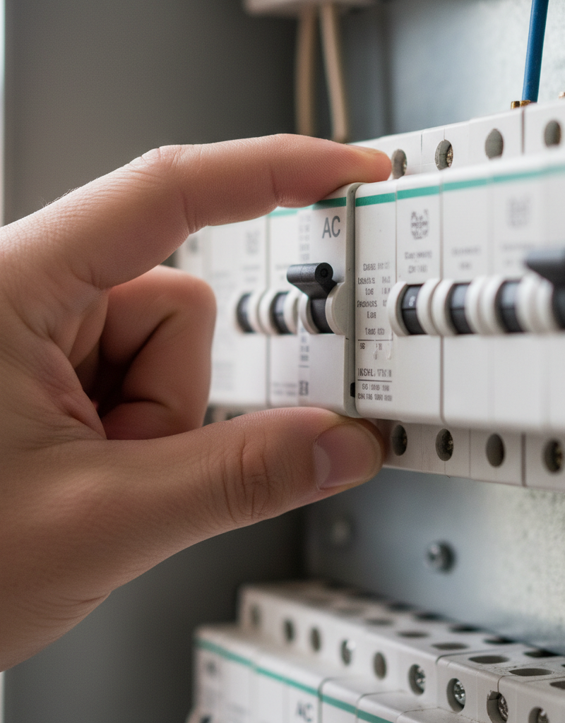 Hand resetting a tripped AC circuit breaker in a home electrical panel