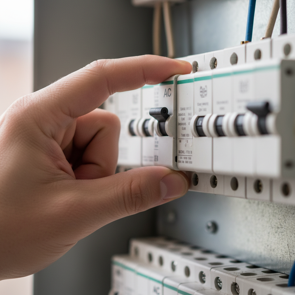 Hand resetting a tripped AC circuit breaker in a home electrical panel