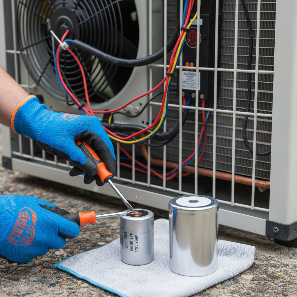 Homeowner replacing a bad AC capacitor in an outdoor condenser unit.