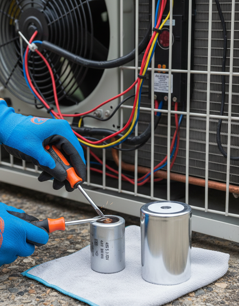 Homeowner replacing a bad AC capacitor in an outdoor condenser unit.