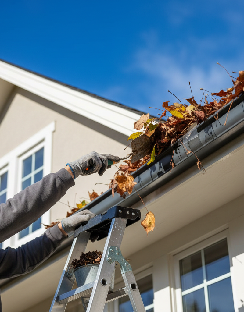 Homeowner clearing leaves from a gutter during an annual home inspection