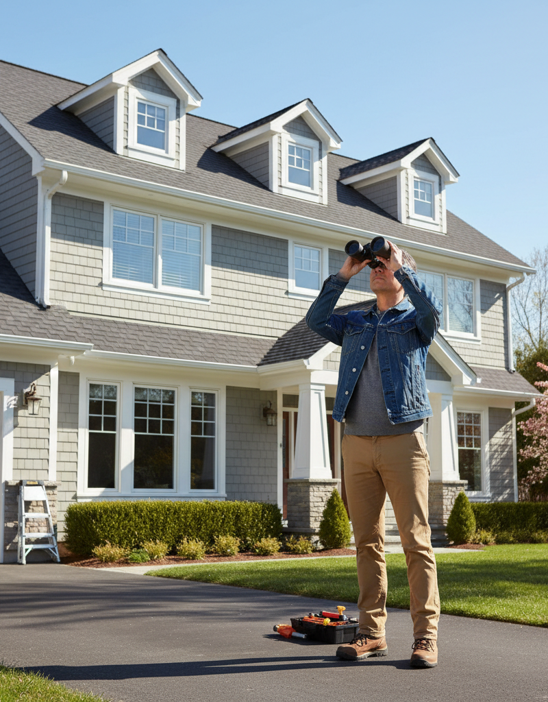 Homeowner inspecting roof shingles with binoculars as part of an annual home maintenance checklist.
