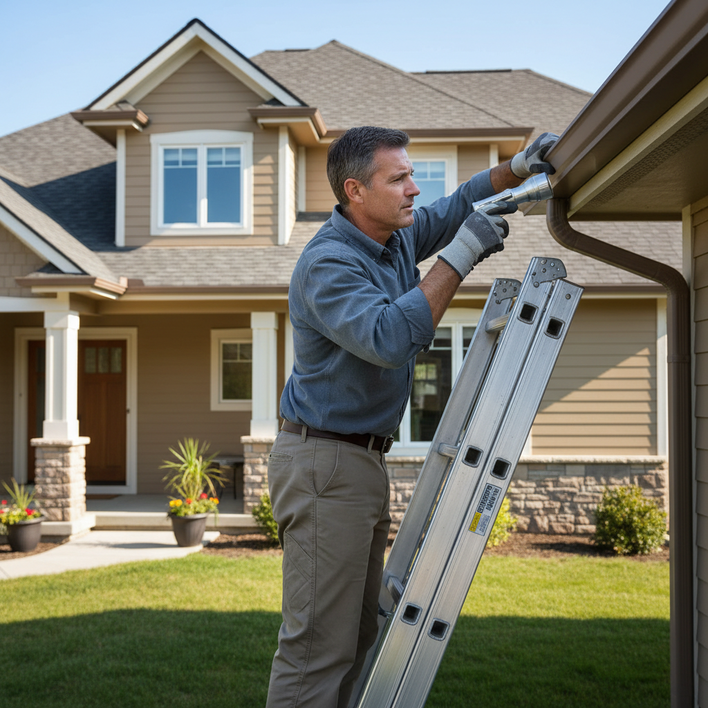 Homeowner on a ladder inspecting gutters during an annual home inspection.