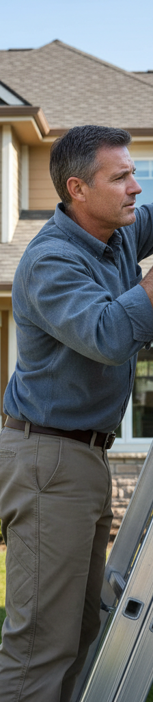 Homeowner on a ladder inspecting gutters during an annual home inspection.