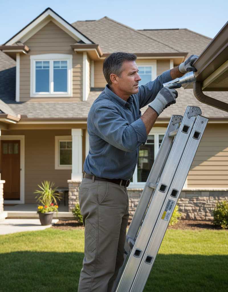 Homeowner on a ladder inspecting gutters during an annual home inspection.