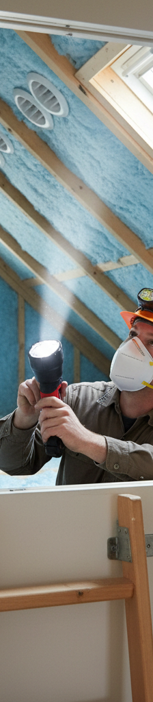 Homeowner inspecting attic for ventilation and insulation issues with a flashlight.