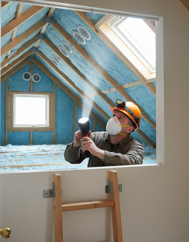 Homeowner inspecting attic for ventilation and insulation issues with a flashlight.