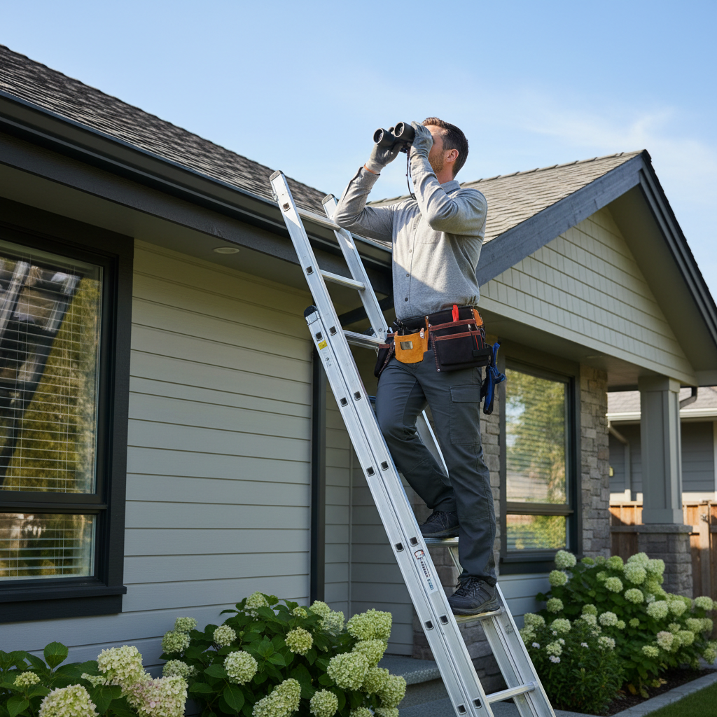 Homeowner on ladder, using binoculars to inspect roof tiles for damage during annual home maintenance.
