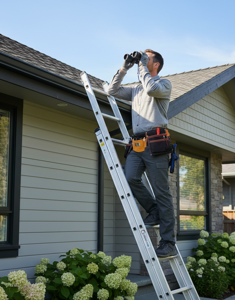 Homeowner on ladder, using binoculars to inspect roof tiles for damage during annual home maintenance.