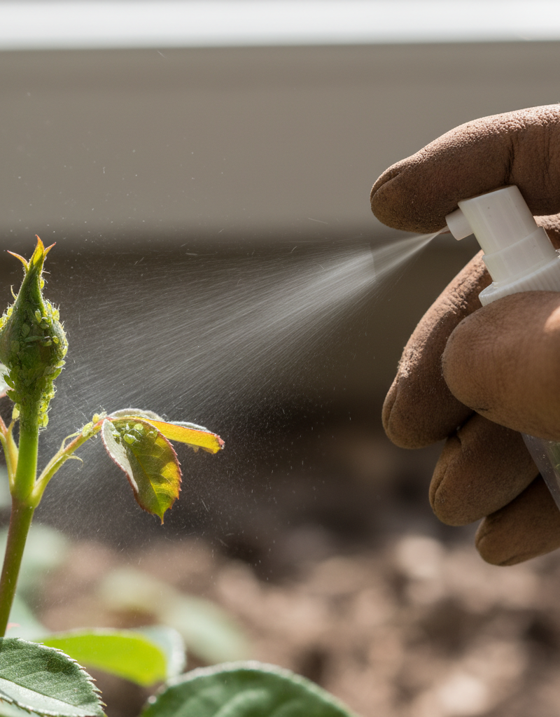 Close-up of green aphids infesting a rose bud, with a hand spraying them with homemade insecticidal soap.