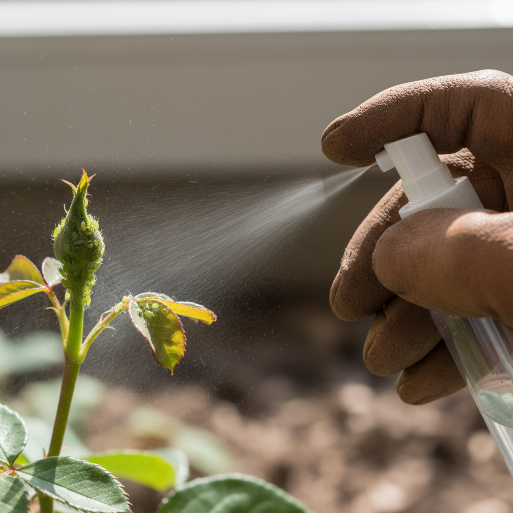 Close-up of green aphids infesting a rose bud, with a hand spraying them with homemade insecticidal soap.