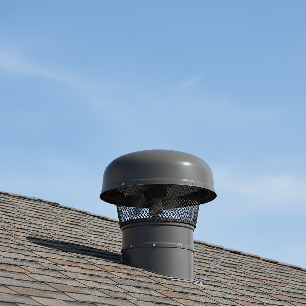 Roof-mounted attic fan on a dark gray asphalt shingle roof under a bright blue sky.