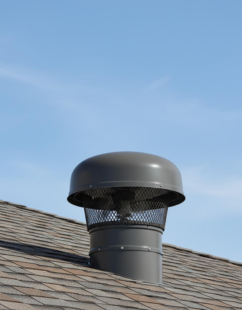 Roof-mounted attic fan on a dark gray asphalt shingle roof under a bright blue sky.