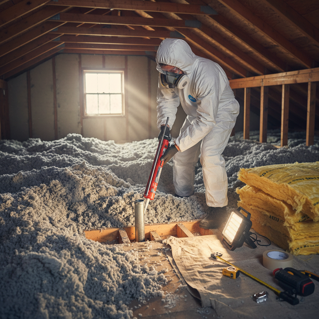 Homeowner sealing attic air leaks with caulk gun and insulation