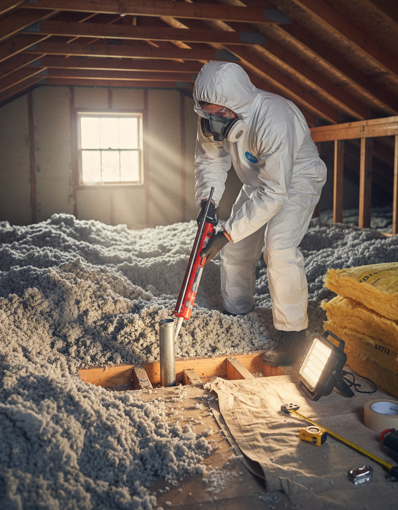 Homeowner sealing attic air leaks with caulk gun and insulation