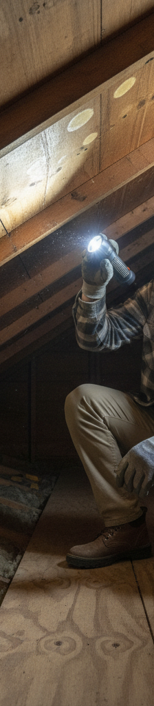 Homeowner inspecting attic roof for water leaks with flashlight
