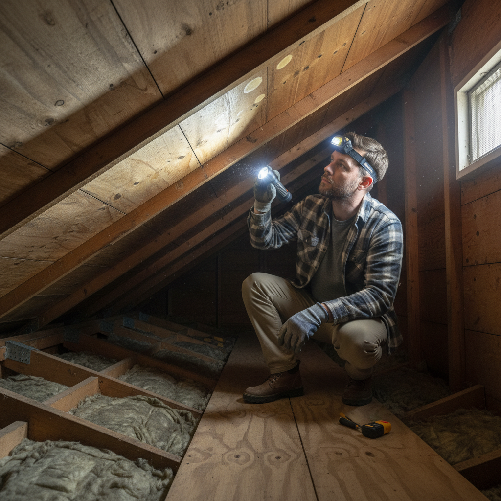 Homeowner inspecting attic roof for water leaks with flashlight
