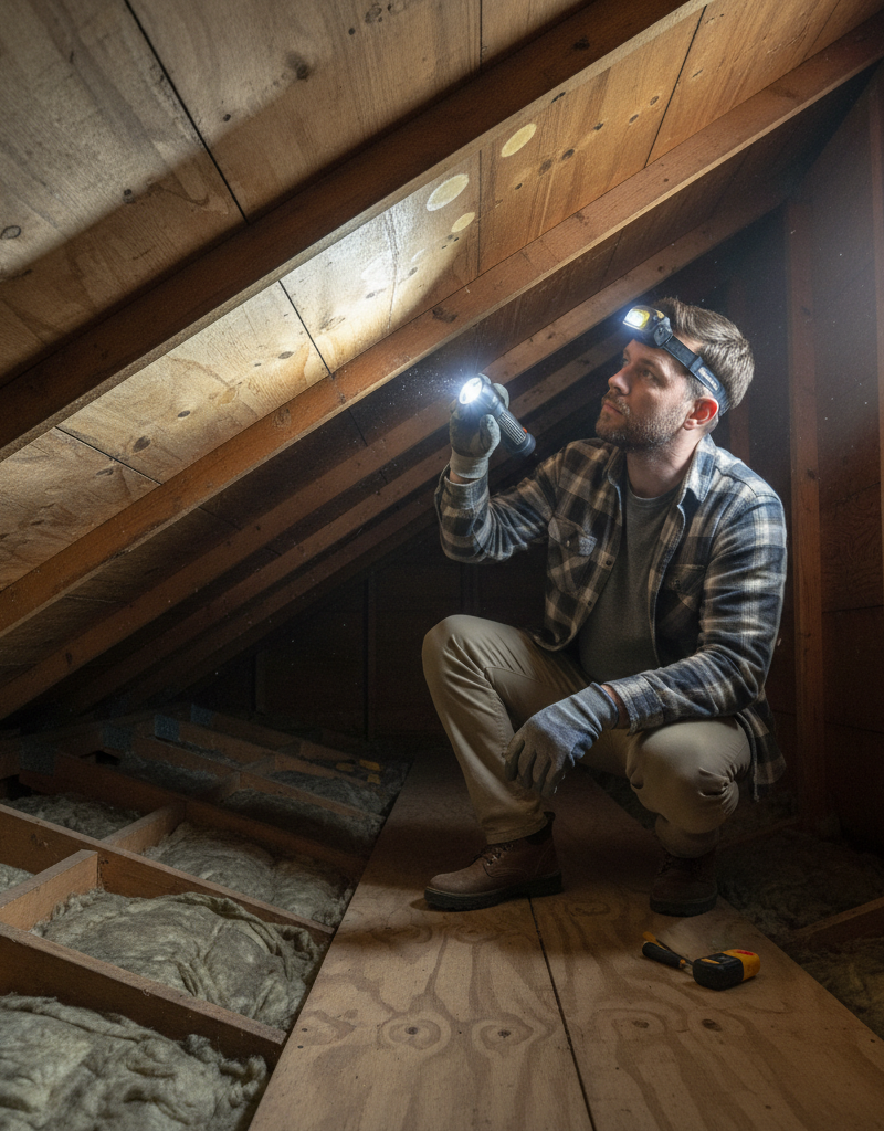Homeowner inspecting attic roof for water leaks with flashlight
