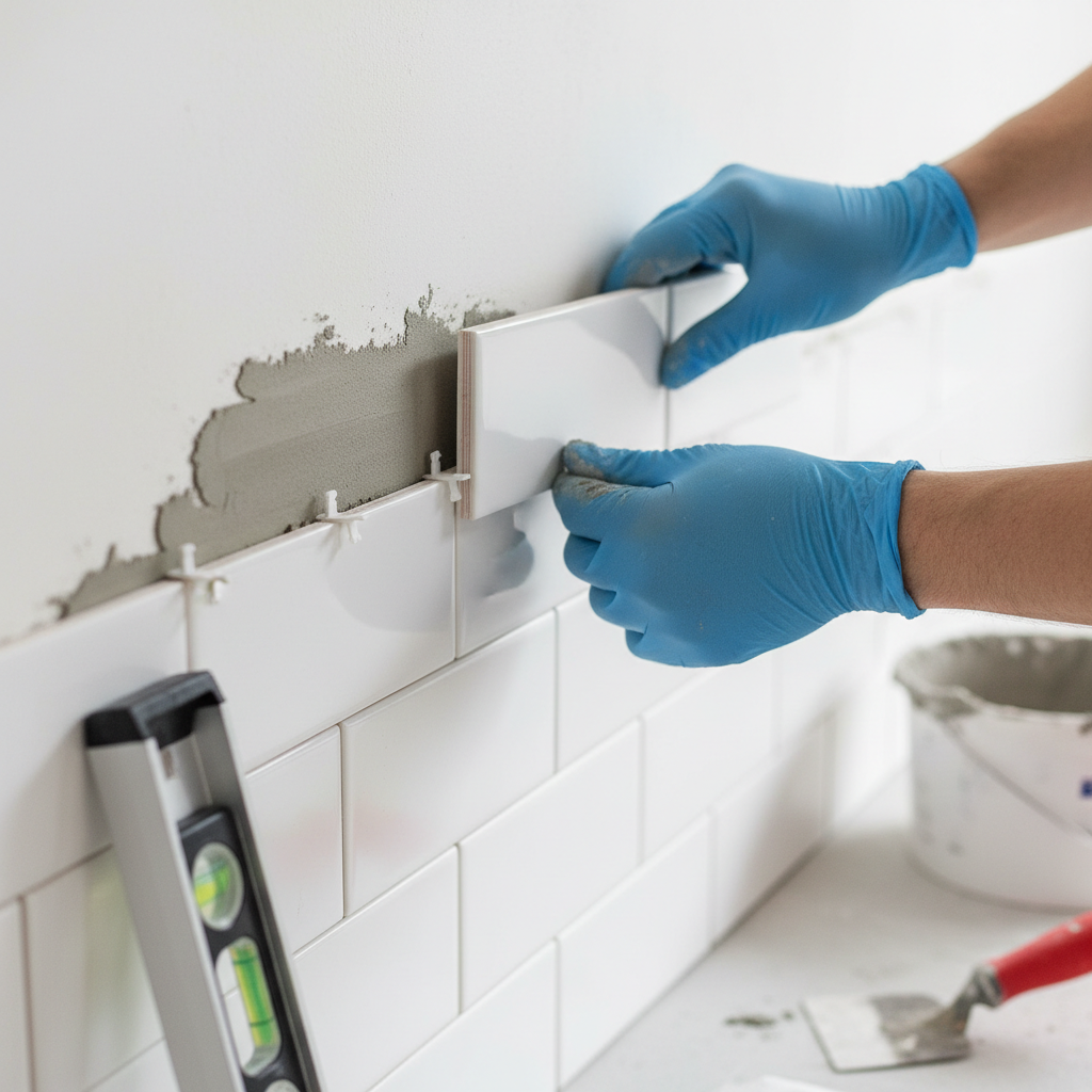 Close-up of a hand setting a ceramic subway tile onto a wall, with visible tile spacers ensuring even gaps.