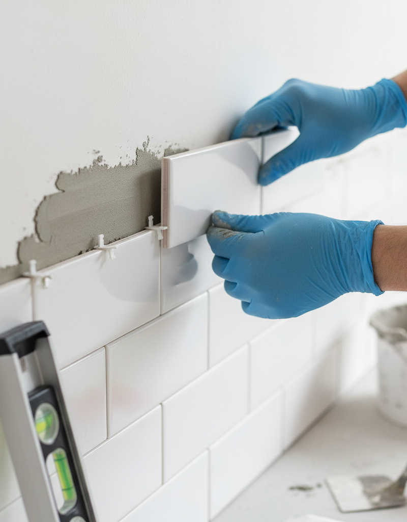 Close-up of a hand setting a ceramic subway tile onto a wall, with visible tile spacers ensuring even gaps.