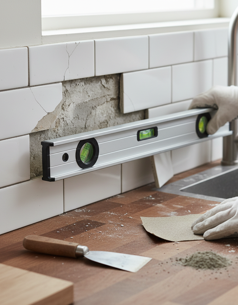 Homeowner inspecting loose kitchen backsplash tiles with a level, identifying areas for repair.