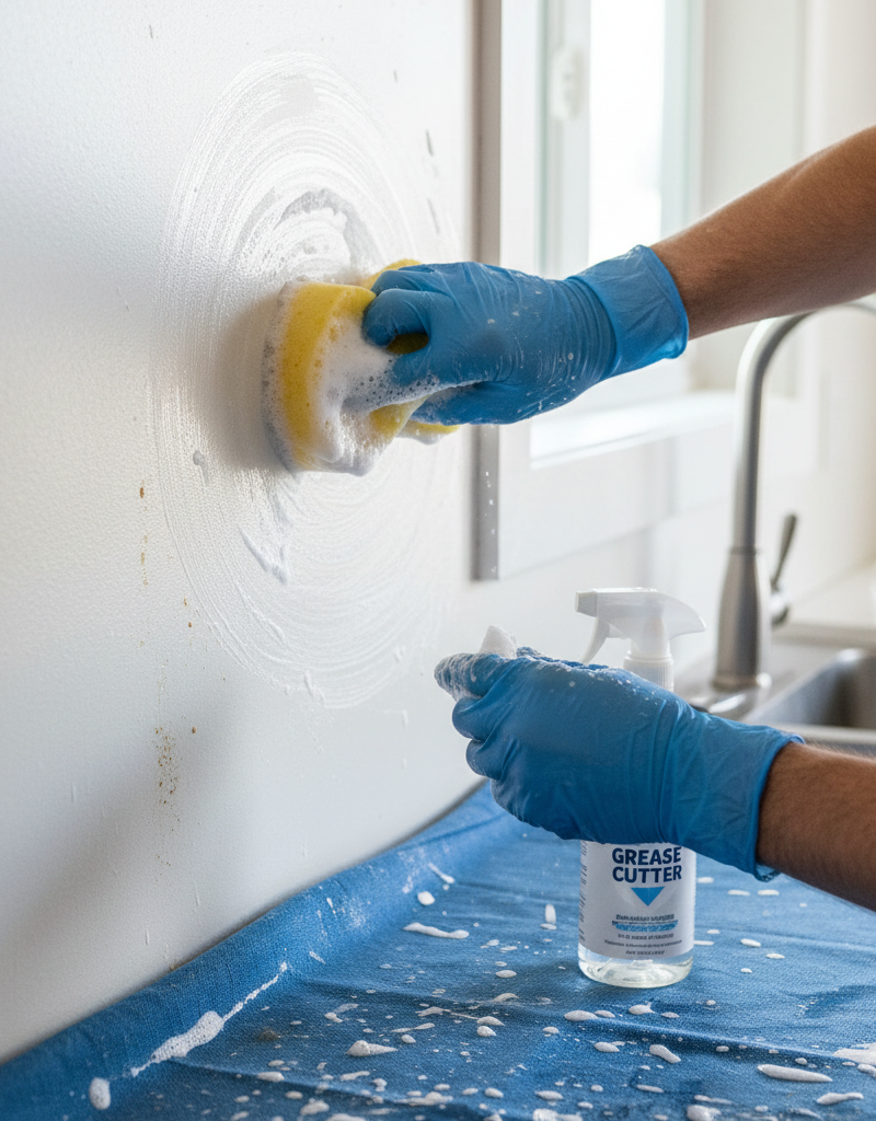 Homeowner meticulously cleaning and degreasing a kitchen wall before installing a backsplash tile to prevent common adhesion problems.