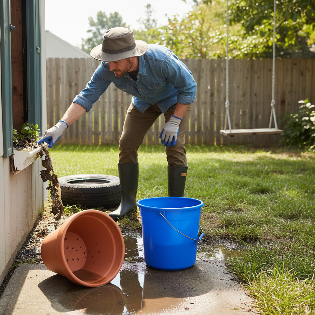 Homeowner inspects backyard for standing water, main cause of mosquito problems