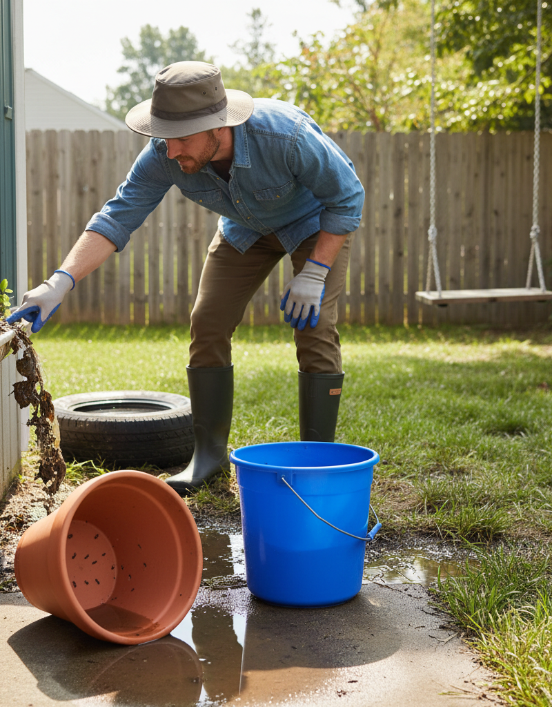 Homeowner inspects backyard for standing water, main cause of mosquito problems