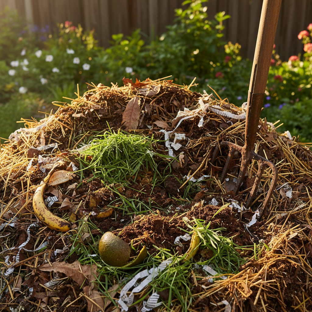 Healthy, active backyard compost pile with a mix of green and brown materials, showing rich soil texture and a pitchfork