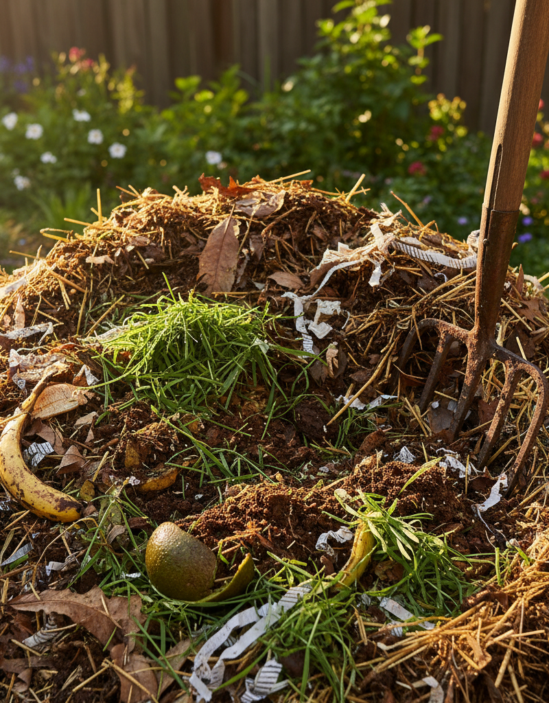 Healthy, active backyard compost pile with a mix of green and brown materials, showing rich soil texture and a pitchfork