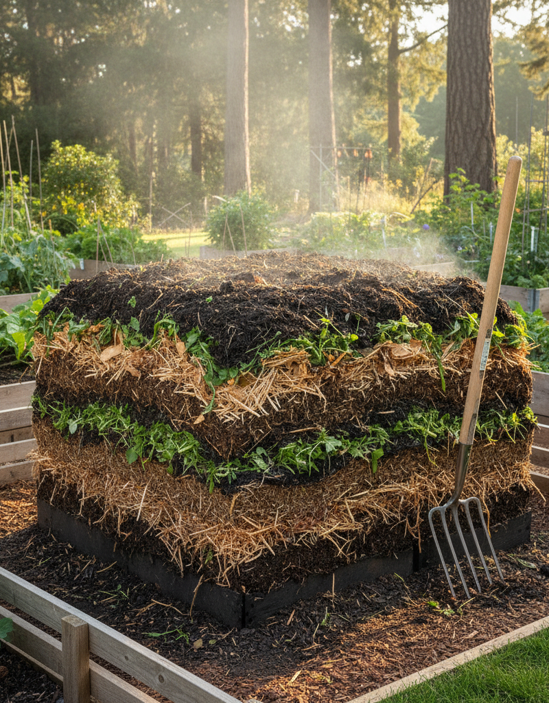 Layered backyard compost pile with green and brown materials, ready for turning