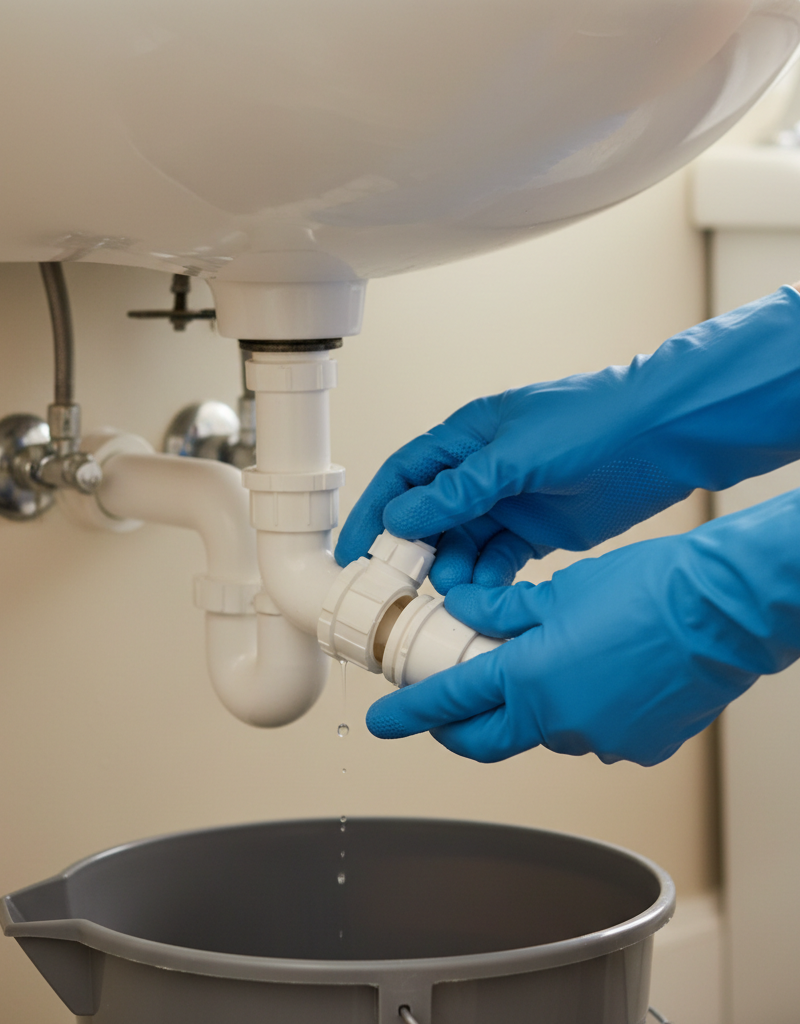 Homeowner in blue gloves unscrewing a PVC P-trap from a bathroom sink drain.